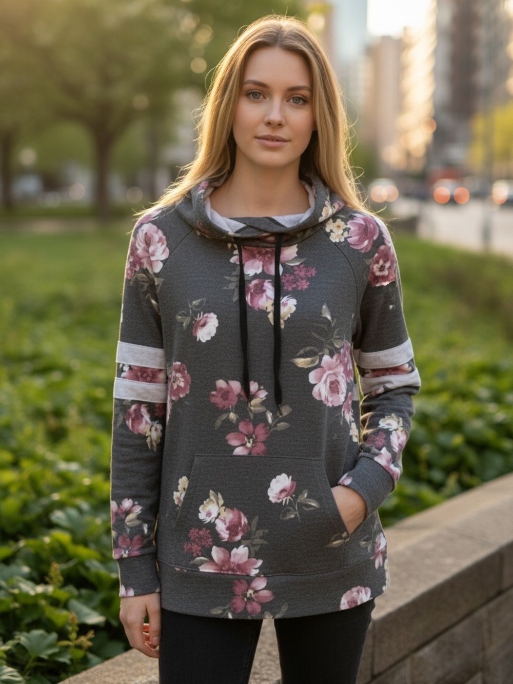 Gray Floral Print Pullover Hoodie